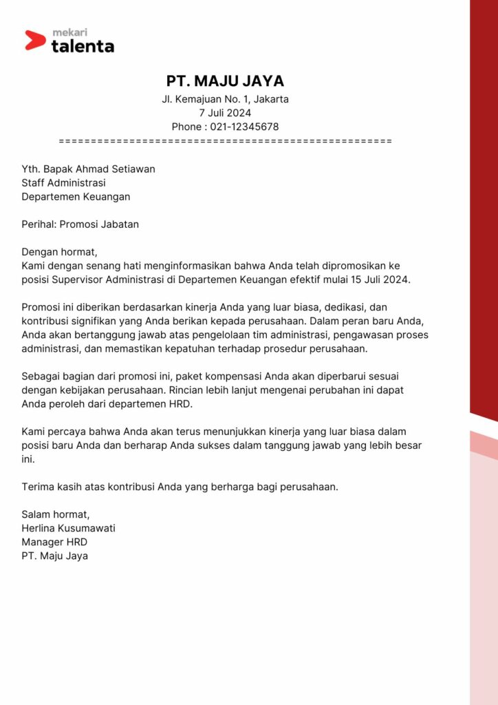 Surat Promosi Jabatan Supervisor