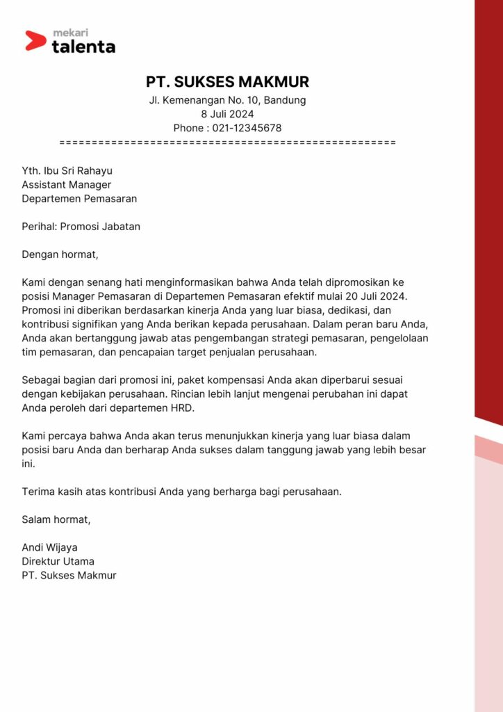 Surat Promosi Jabatan Manager