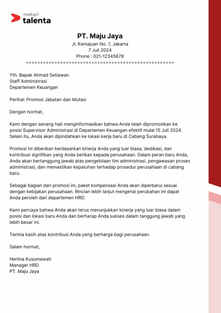 Surat Promosi Jabatan dan Mutasi ke Cabang Lain