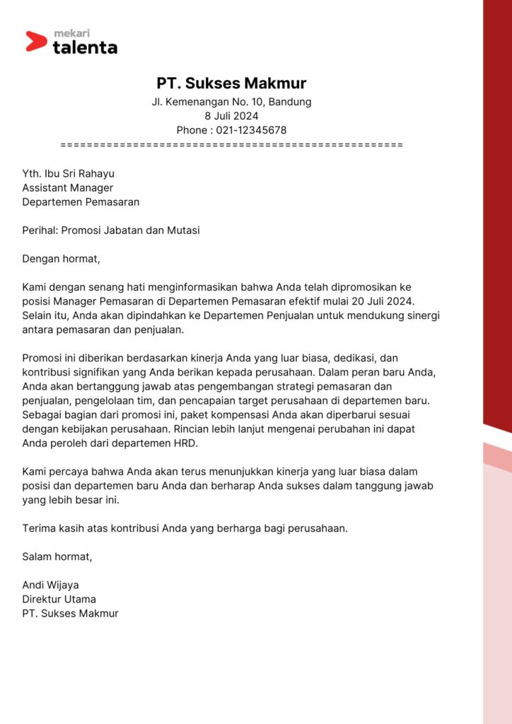 Surat Promosi Jabatan dan Mutasi Antar Departemen