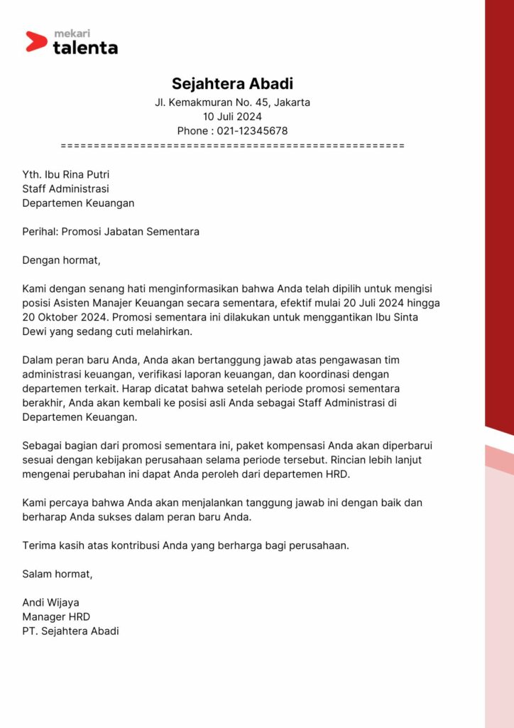 Surat Promosi Jabatan Sementara untuk Menggantikan Karyawan yang Cuti Melahirkan