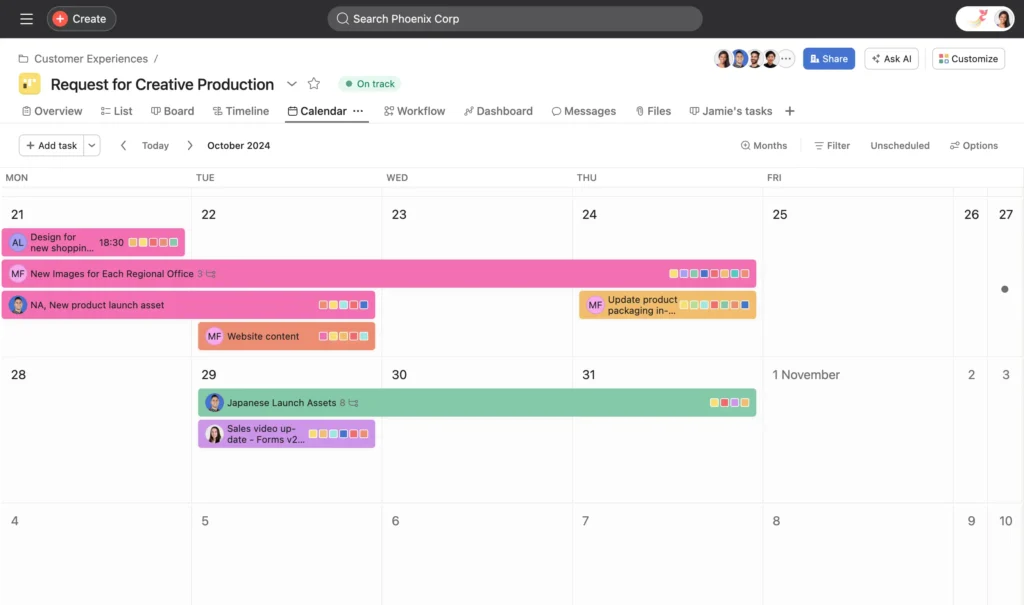tampilan dashboard jadwal kerja dari Asana