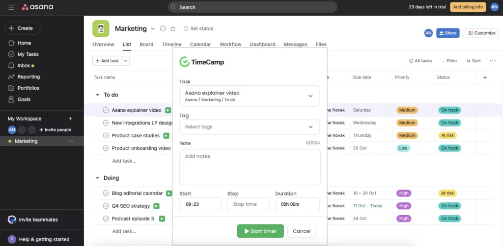 tampilan dashboard jadwal kerja dan shift dari Asana