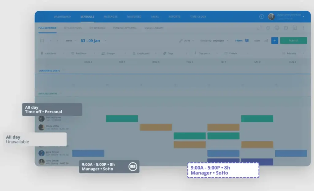 tampilan dashboard kalender kerja dari aplikasi Sling