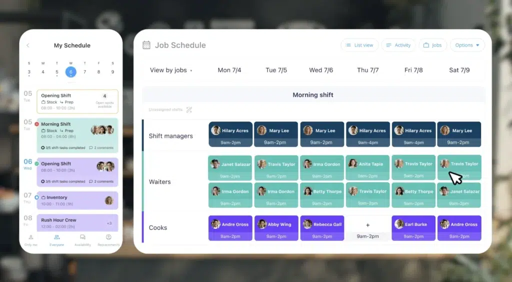 Antarmuka penjadwalan menunjukkan jadwal kerja karyawan, menampilkan shift pagi dan nama staf di kolom serta baris berwarna, di dalam konteks aplikasi dengan navigasi tanggal.