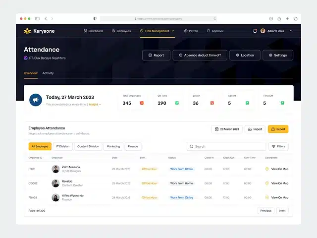 dashboard aplikasi attendance karyaOne