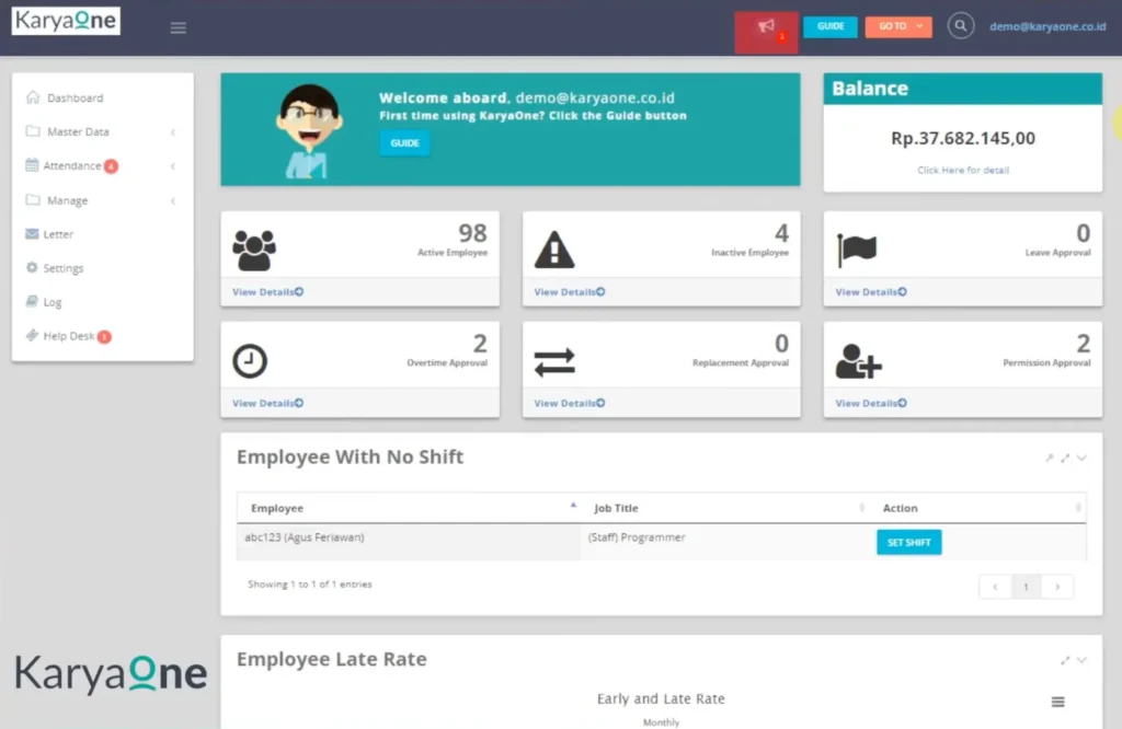 dashboard aplikasi attendance karyaOne