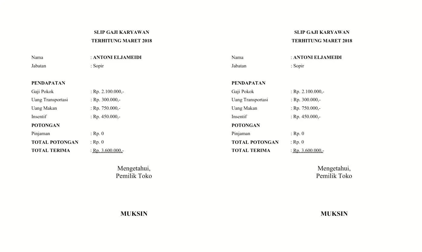 contoh slip gaji karyawan toko