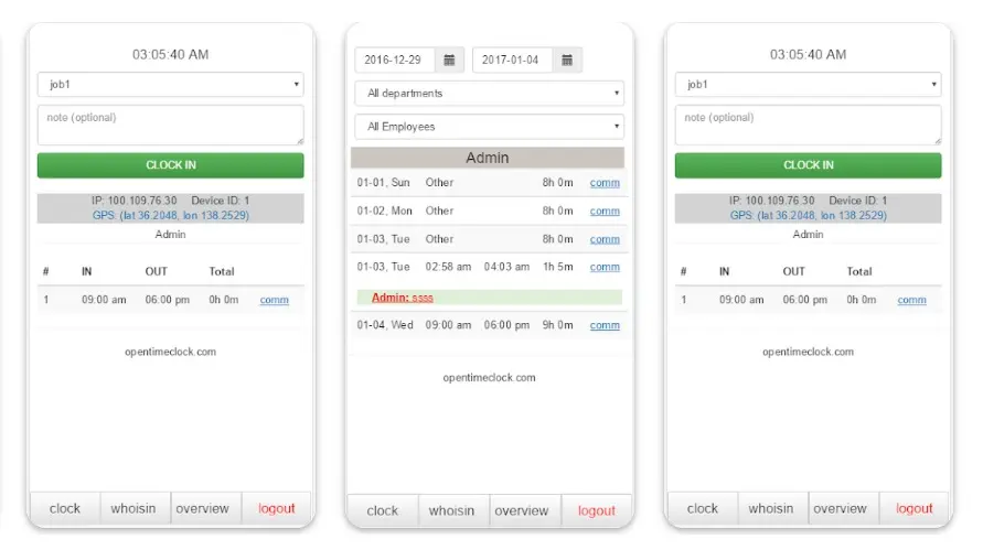 tampilan aplikasi attendance Time Clock