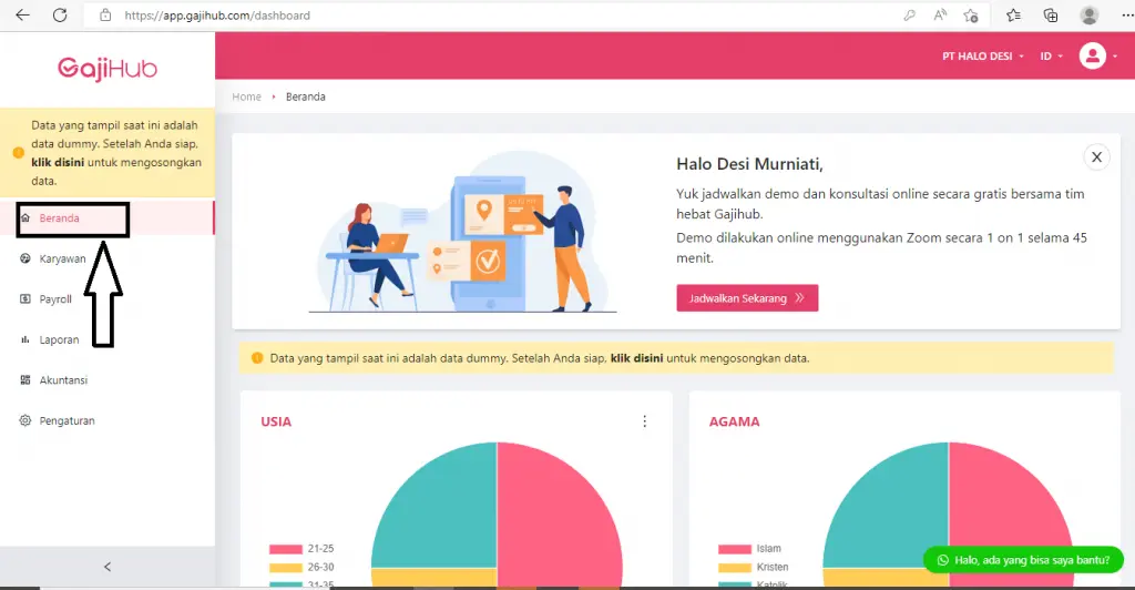 Dahshboard utama software payroll gajihub