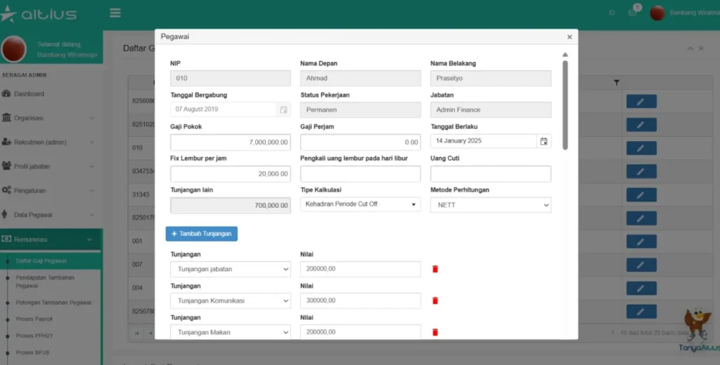 dashboard penggajian aplikasi altiusHR