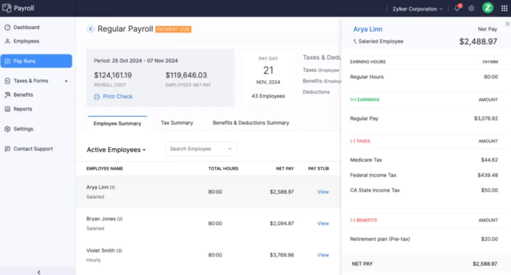 dashboard run payroll zoho