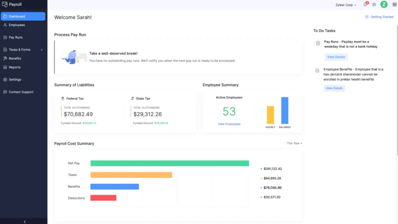 dashboard zoho payroll