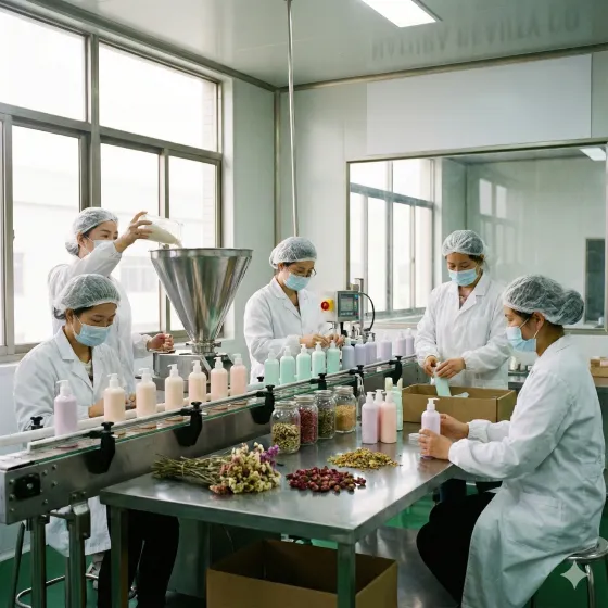 Botol-botol berwarna diletakkan di sepanjang jalur produksi, sementara pekerja mengisi botol dengan cairan dari wadah besar dan menyiapkan kemasan di ruang kerja yang bersih.