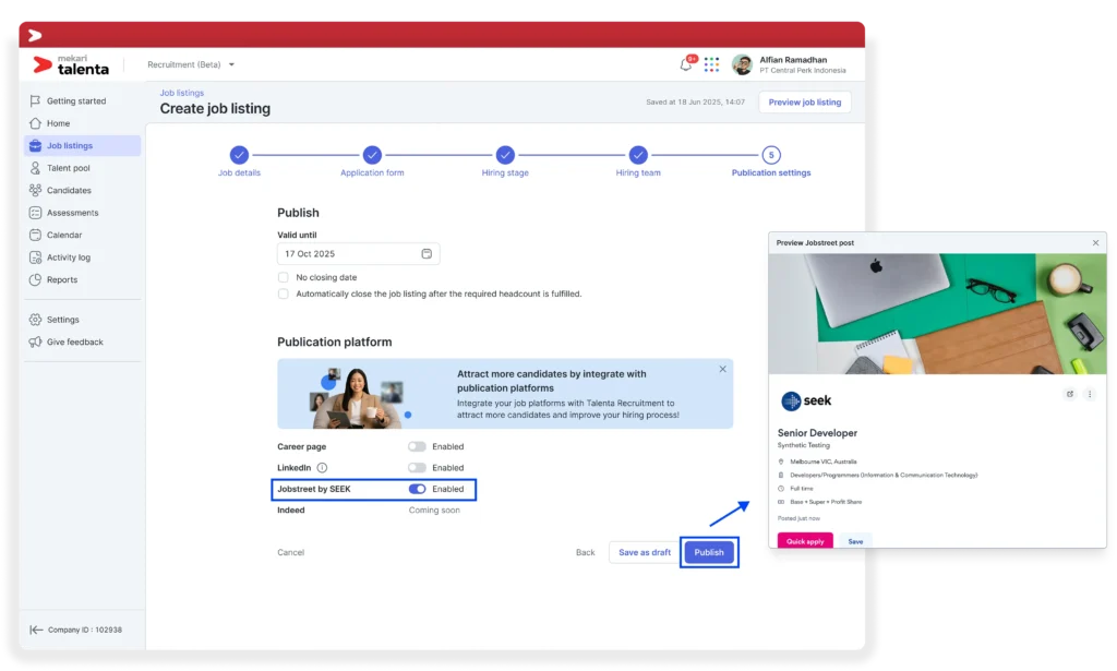 Create Job Listing pada rekrutmen Mekari Talenta yang terintegrasi berbagai job pportal