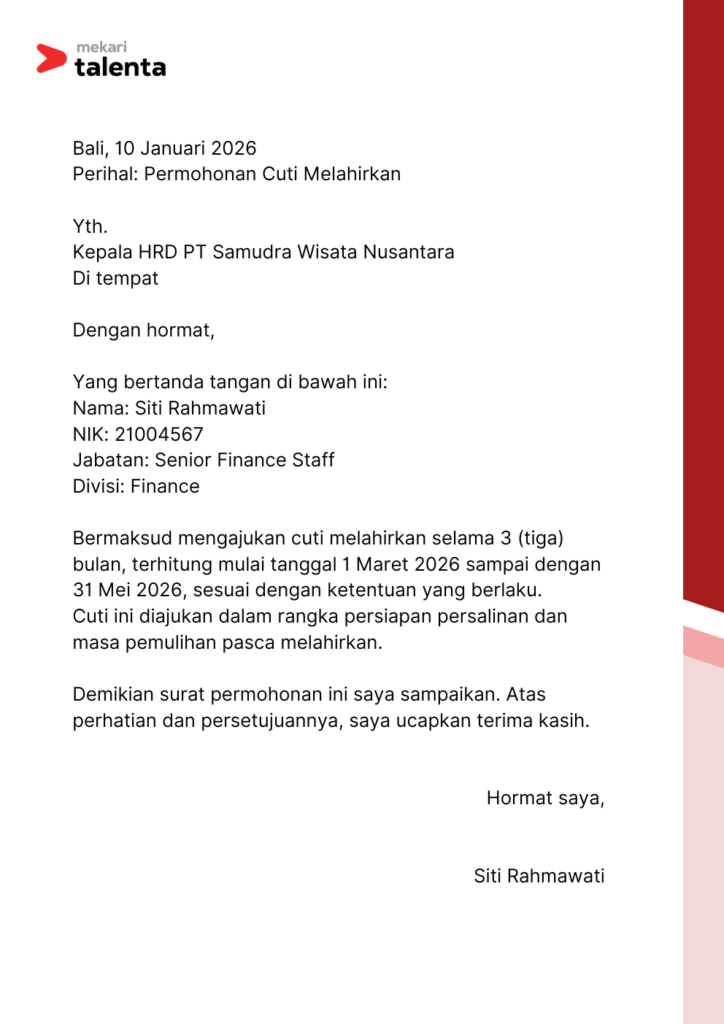 contoh surat cuti melahirkan