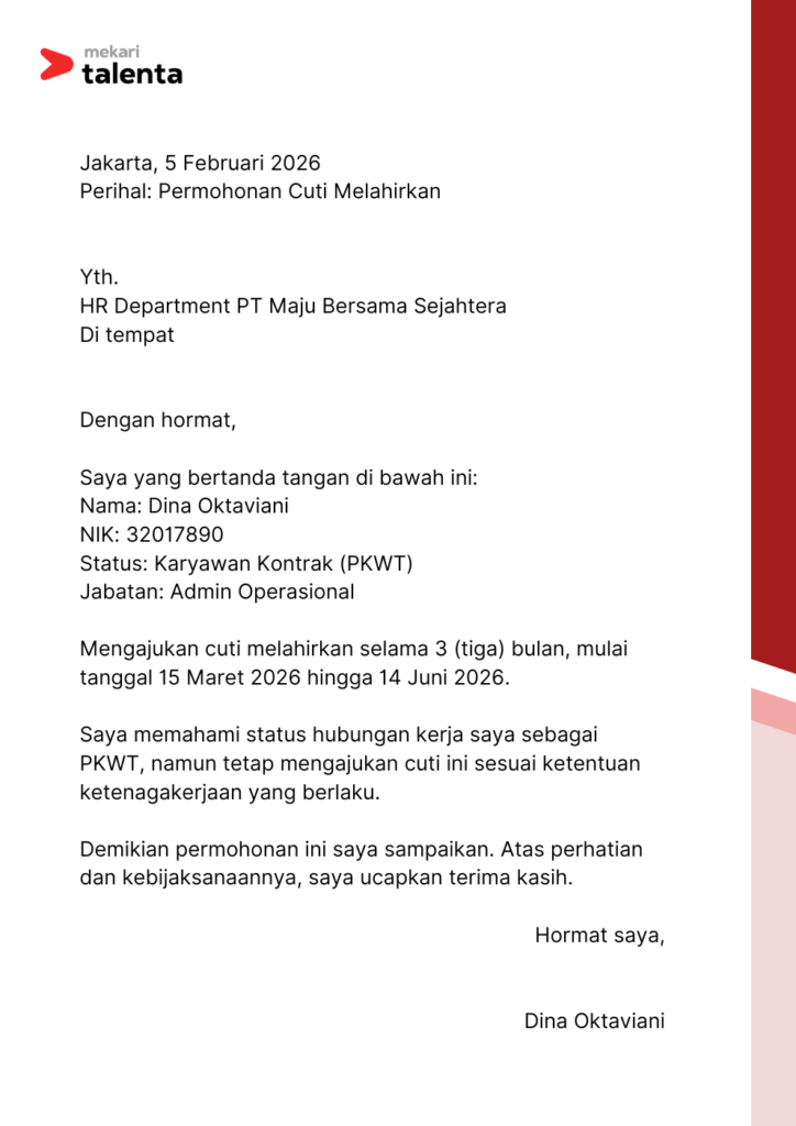 contoh surat cuti melahirkan