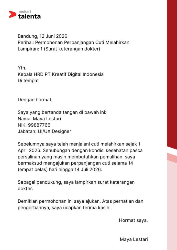 contoh surat cuti melahirkan