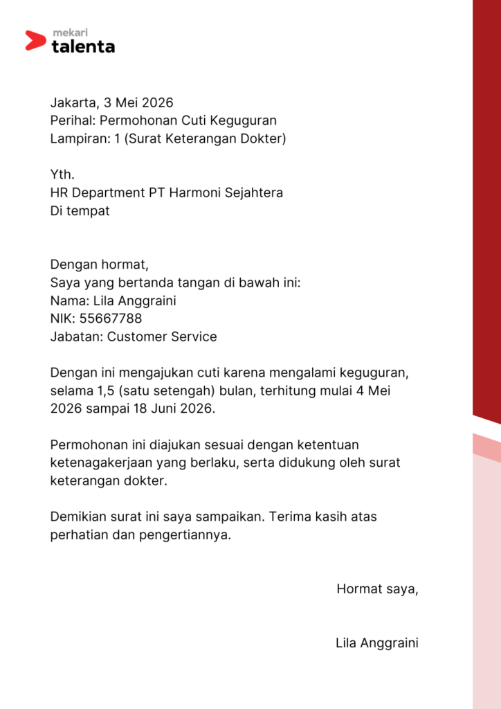 contoh surat cuti melahirkan