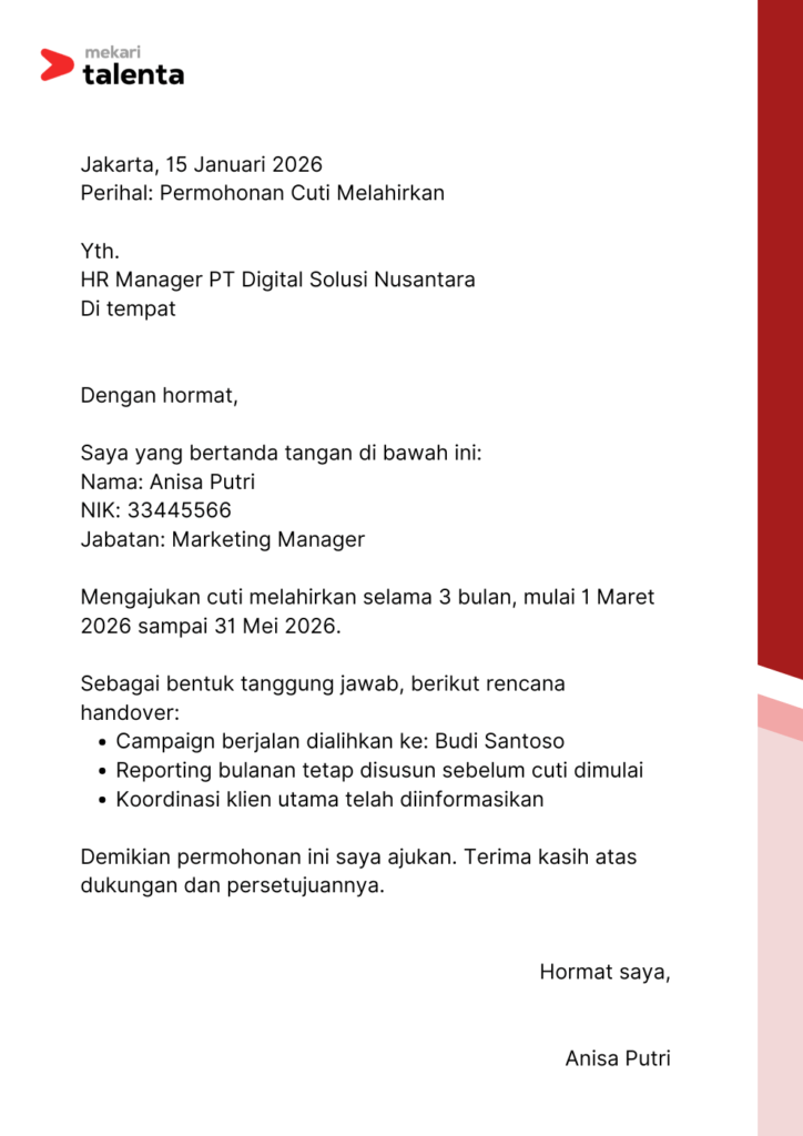contoh surat cuti melahirkan
