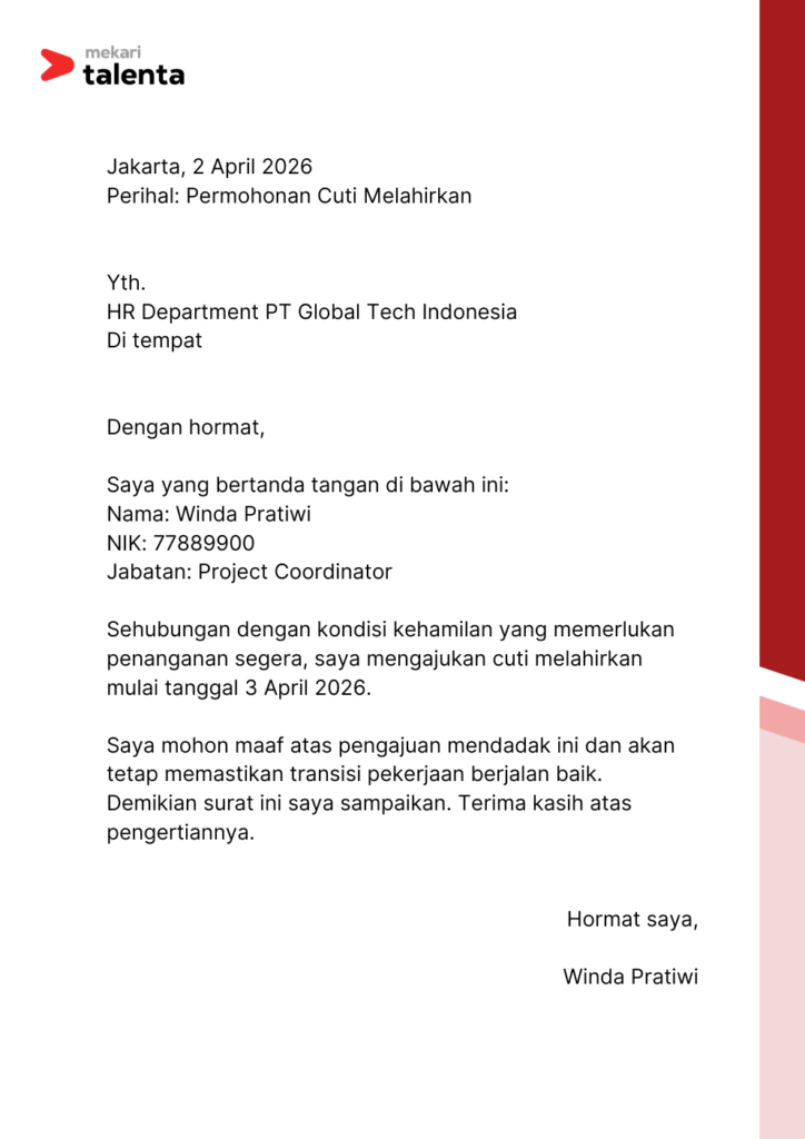 contoh surat cuti melahirkan