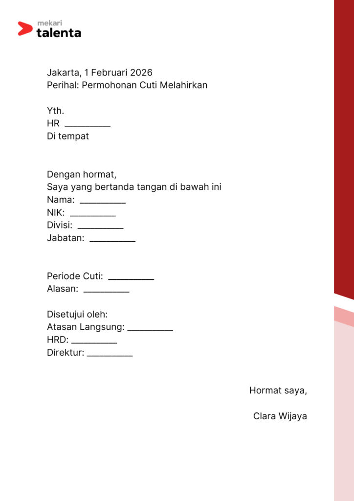 contoh surat cuti melahirkan