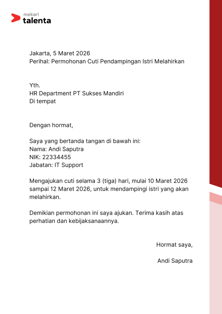 contoh surat cuti melahirkan