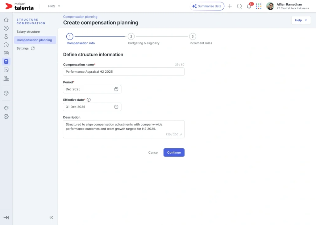 reate compensation planning in Mekari Talenta