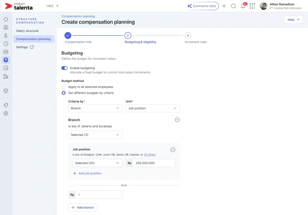 enable budgeting in compensation planning mekari talenta