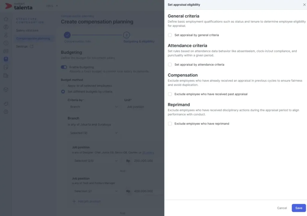 set criteria eligibility - compensation planning mekari talenta