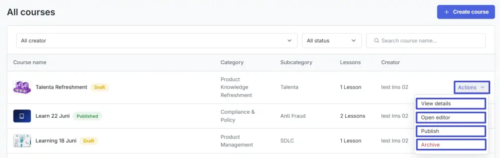 all course on LMS Talenta