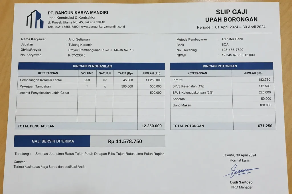 contoh slip gaji upah borongan