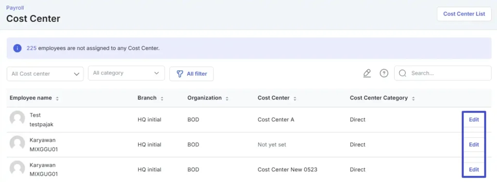 cost center in payroll mekari talenta