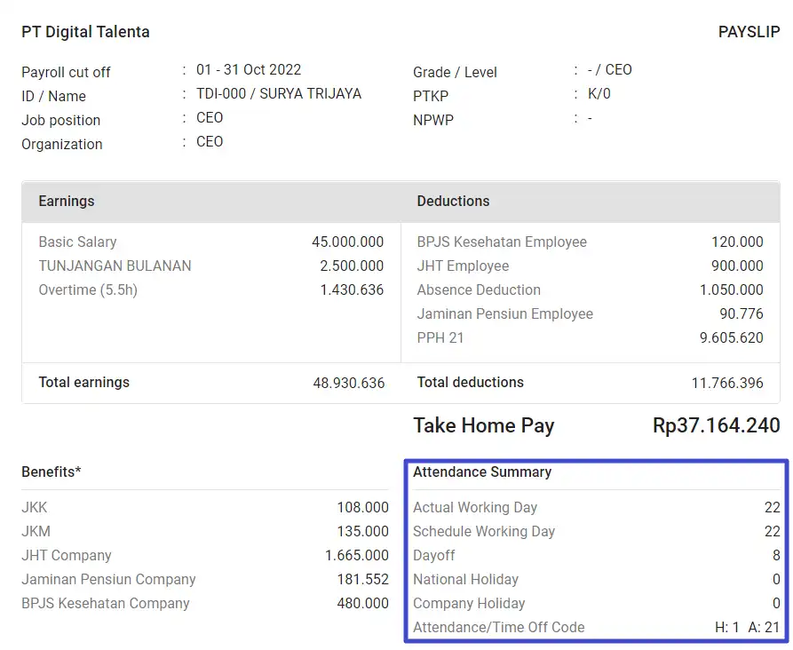 payroll components on payslip in mekari talenta
