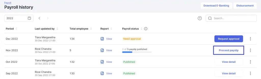 proceed payslip in payroll history mekari talenta