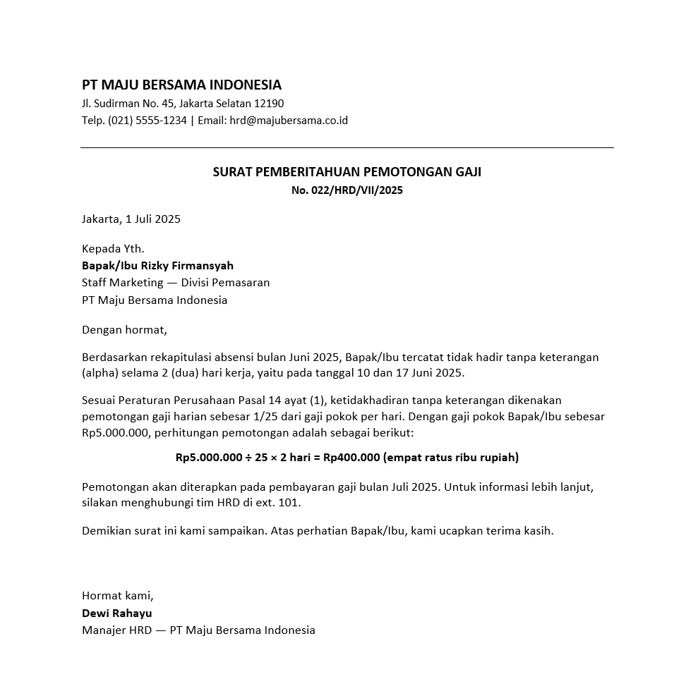 Contoh Surat Pemotongan Gaji karena Alpha