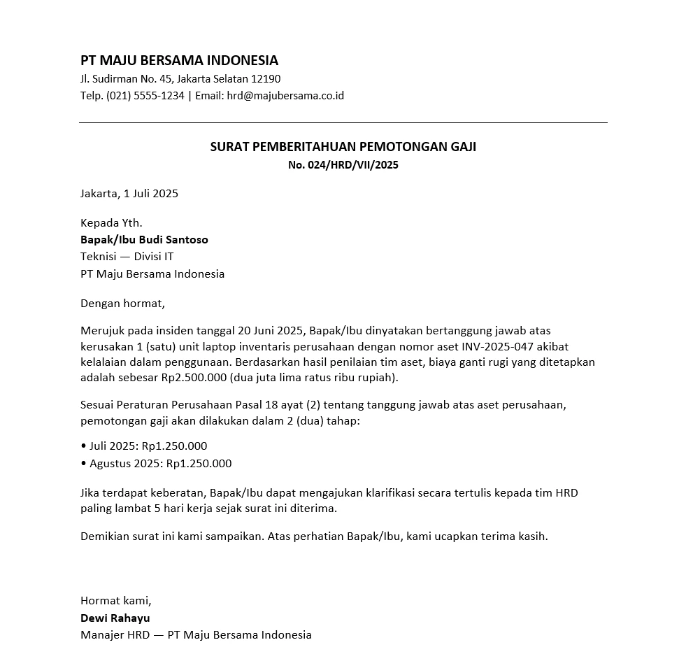 Contoh Surat Pemotongan Gaji karena Denda atau Ganti Rugi
