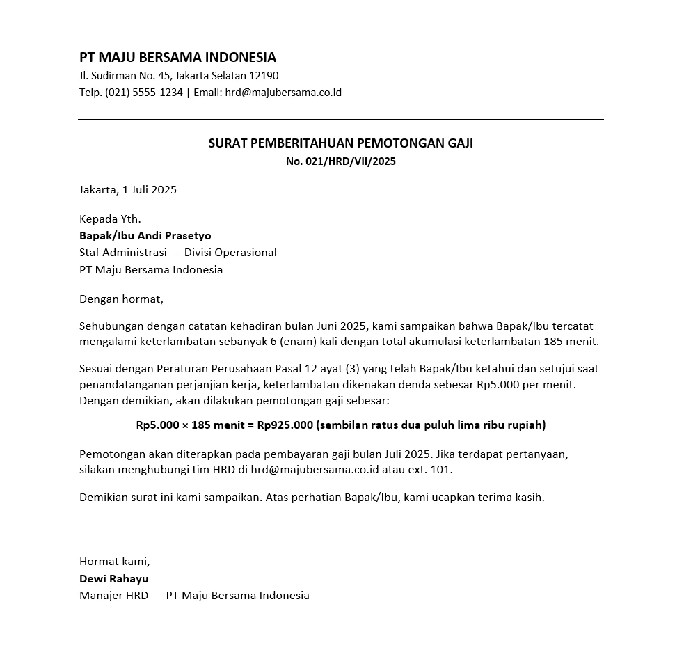Contoh Surat Pemotongan Gaji karena Keterlambatan