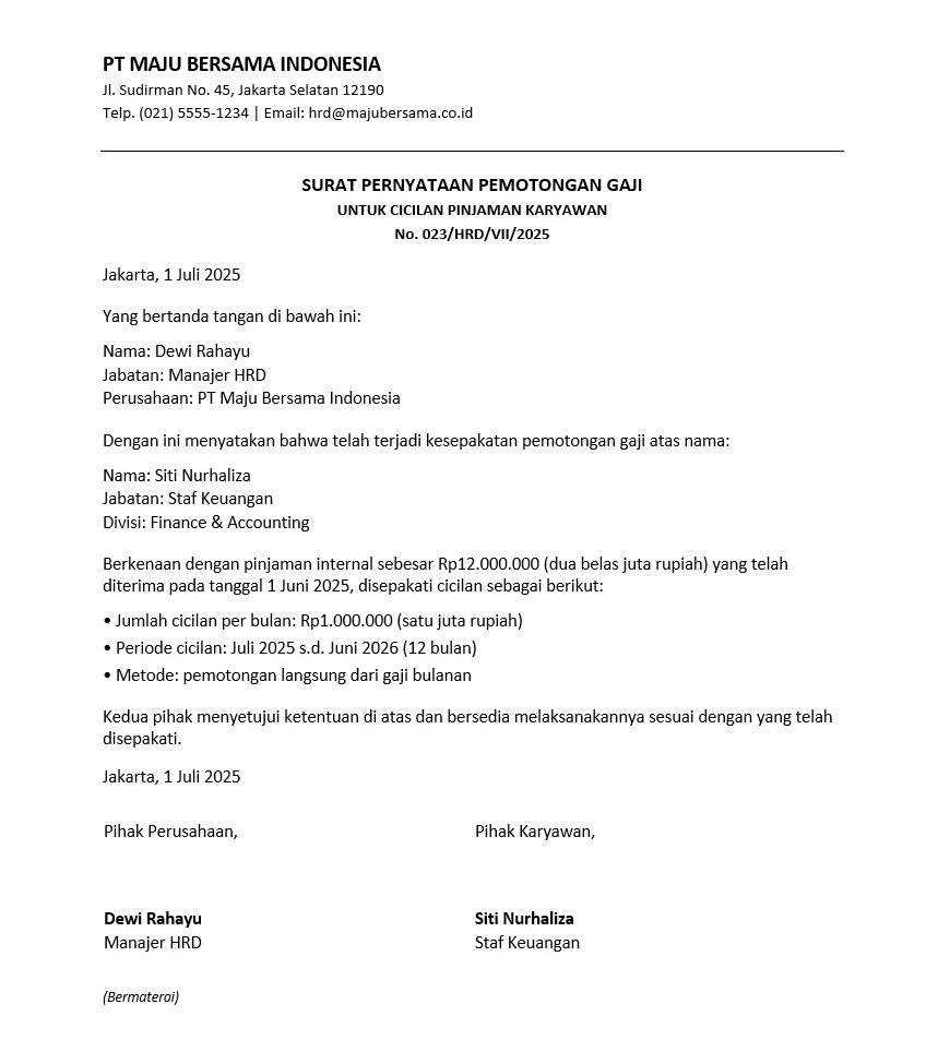 Contoh Surat Pernyataan Pemotongan Gaji untuk Cicilan Pinjaman