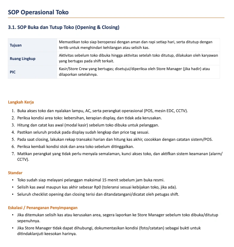 contoh sop operasional toko retail sederhana
